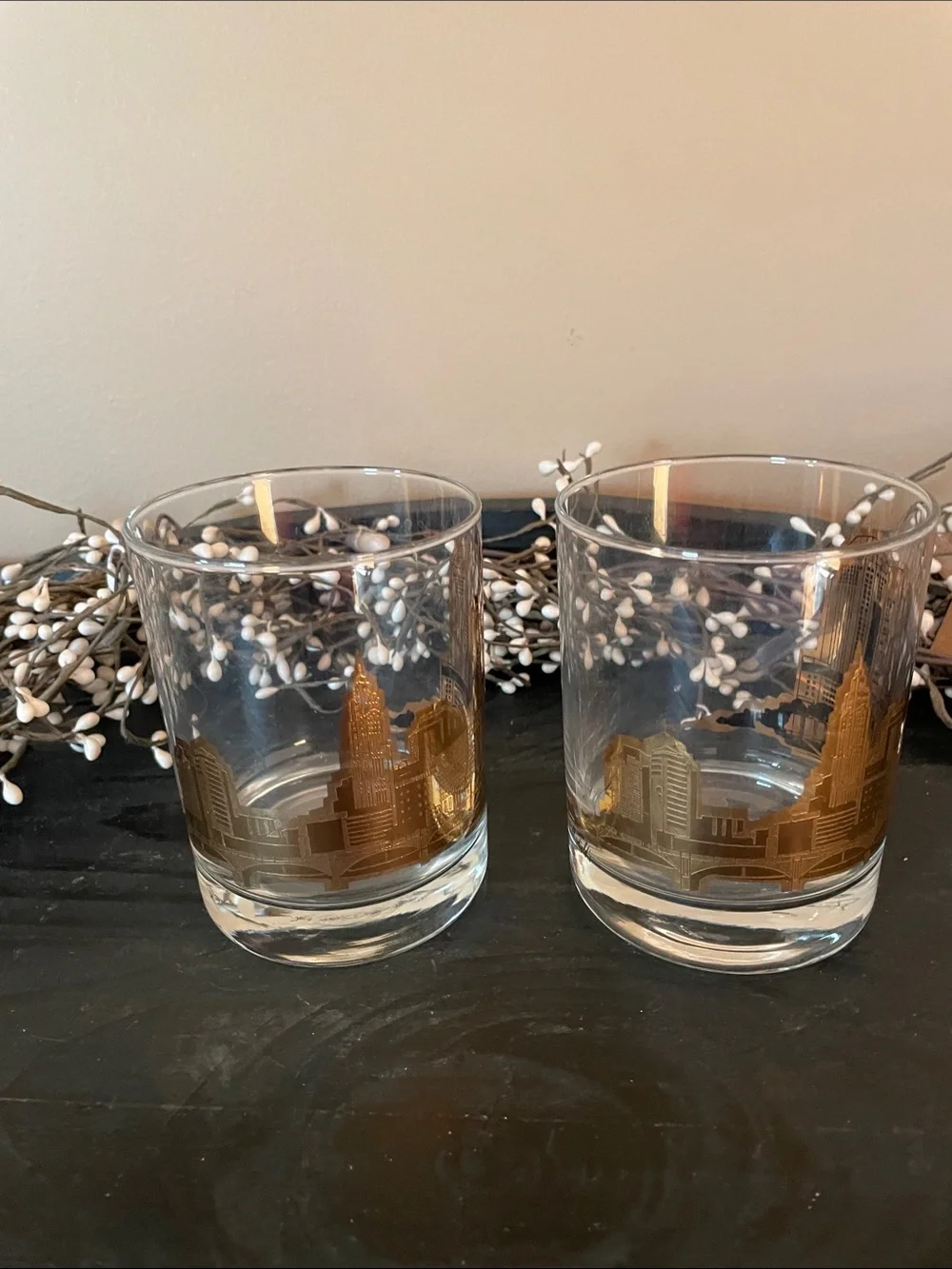 Vintage Marshall Fields Columbus Skyline Gold Etched Barware Tumblers - Set of 2